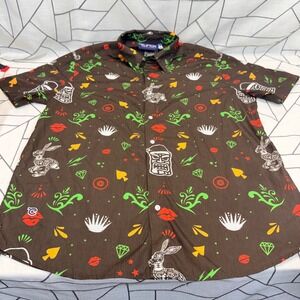 Clifton Button Up Shirt Large Brown Tiki Santa Jackalope Graphic Classic Fit